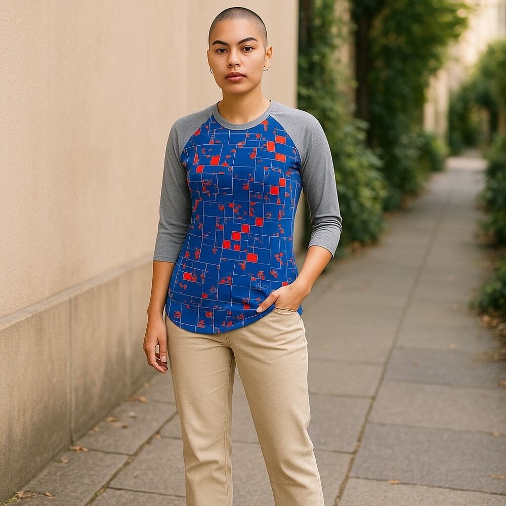 LuLaRoe Womens Top Sz XXS Randy Baseball Tee Gray Blue Red Digital Pixelated NEW